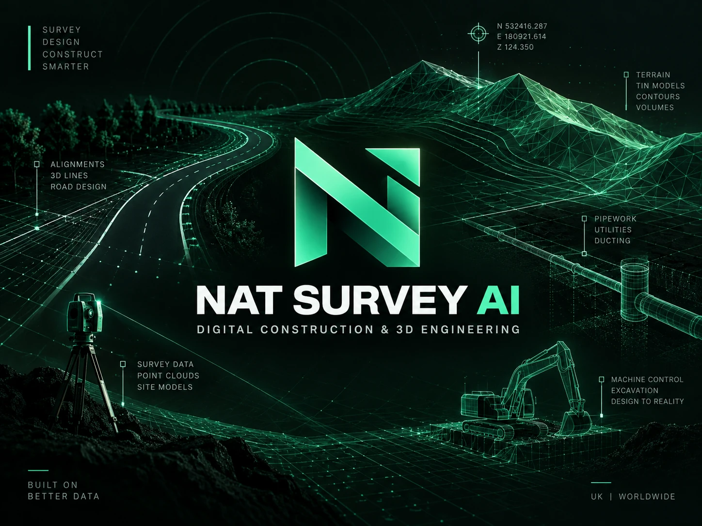 NAT Survey AI brand illustration with roads, terrain, pipework, survey equipment and machine control