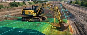 Illustrative excavator working against a digital terrain surface